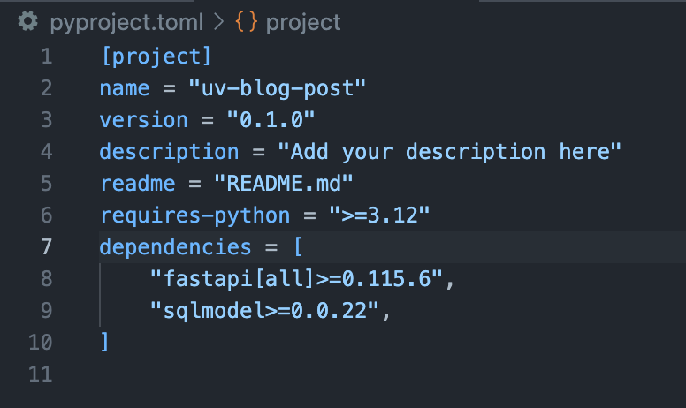 image showing fastapi and sqlmodel added to the pyproject.toml